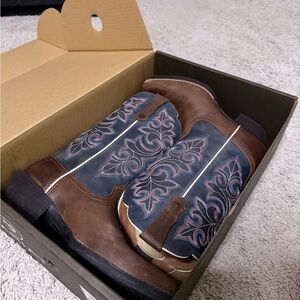 Ariat Round Up Brown and Blue square toe boots with embroidered design